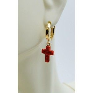 14K Solid Yellow Gold Red Cross Huggie Opal Dangle Earring